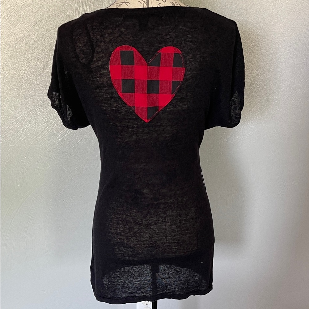 Fever Black Sheer Short Sleeve Tee with Buffalo Plaid Heart Patch (Size S)